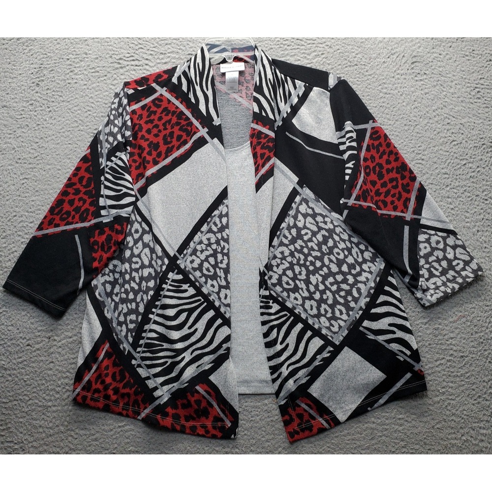 Alfred Dunner‎ Cardigan Womens L Multi Geometric Stretch Long Sleeve Open Front